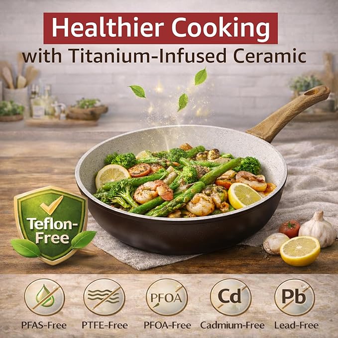 24Pcs Pots and Pans Set Non StickCeramic Cookware Set with Titanium-Reinforced Nonstick CoatingLong-LastingPFAS-FreeInduction CompatibleFull Kitchen Set with 3 Stock Pots for Family CookingBlack