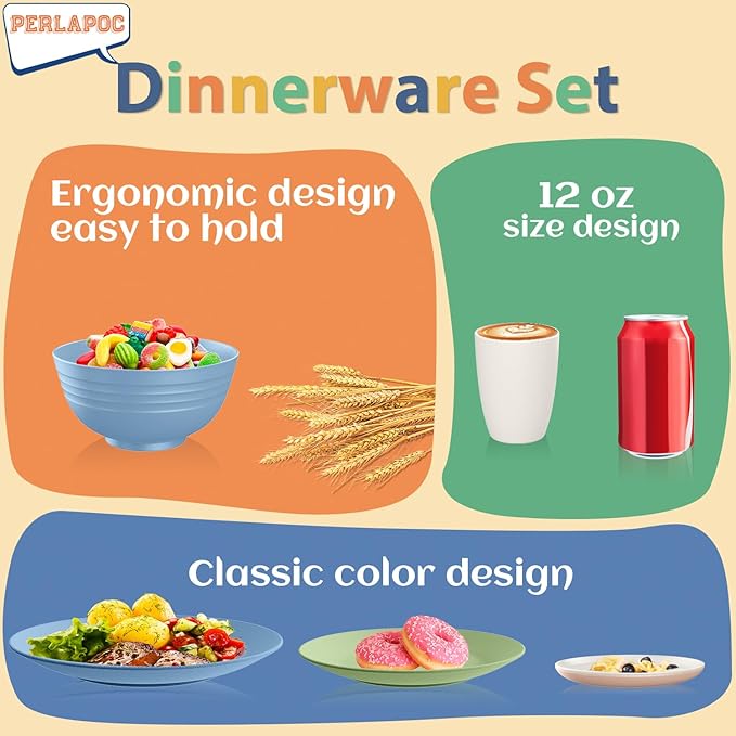 40 PCS Wheat Straw Dinnerware Sets Unbreakable Dishes Set for 8 Plastic Plates and Bowls Sets with Cups Dishwasher &amp Microwave Safe - Colorful