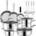 Tri Ply Stainless Steel Cookware Set 16-Piece Stainless Steel Pots and Pans Set with Kitchen Utensils and Steamer Non-Toxic Multiclad Induction Oven Compatible Dishwasher Safe