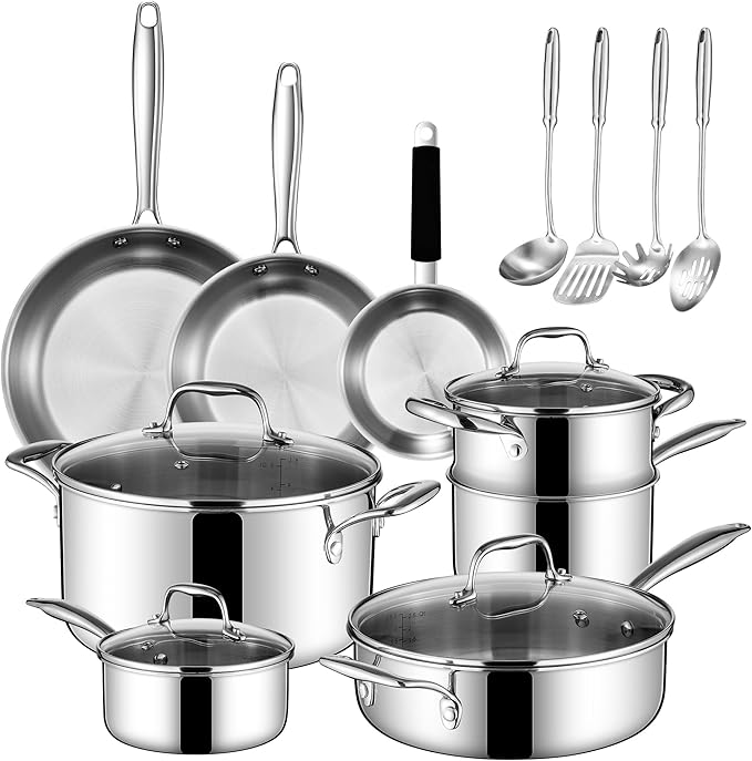 Tri Ply Stainless Steel Cookware Set 16-Piece Stainless Steel Pots and Pans Set with Kitchen Utensils and Steamer Non-Toxic Multiclad Induction Oven Compatible Dishwasher Safe