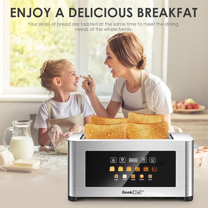 Geek Chef Toaster 4 Slice Long Slots 1.5 Extra Wide Slots for Bagels &amp Waffles TouchScreen 6 Browning Levels Timer Defrost Cancel Function Auto Shut-Off Removable Crumb Tray Stainless St