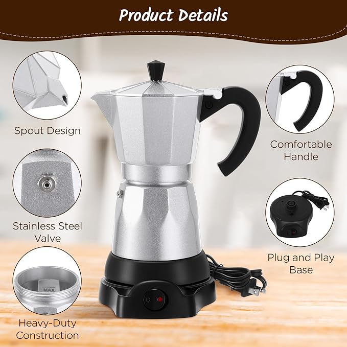 Coffee Pot 6 Cup Electric Espresso Coffee Maker Italian Moka Maker 300ml Portable Aluminum Espresso Machine Cafetera Moka Pot with Detachable Base Gift for Home Travel (Silver)