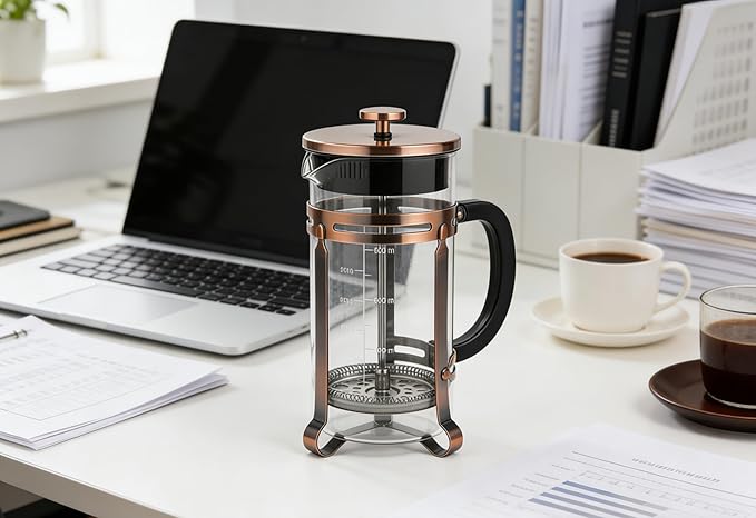 French Press Coffee Maker 21Oz Coffee Press with 304 Stainless Steel 4 Filters Borosilicate Glass Heat Resistant Carafe 100% BPA-Free Teapot &amp Coffee Press Copper Finish