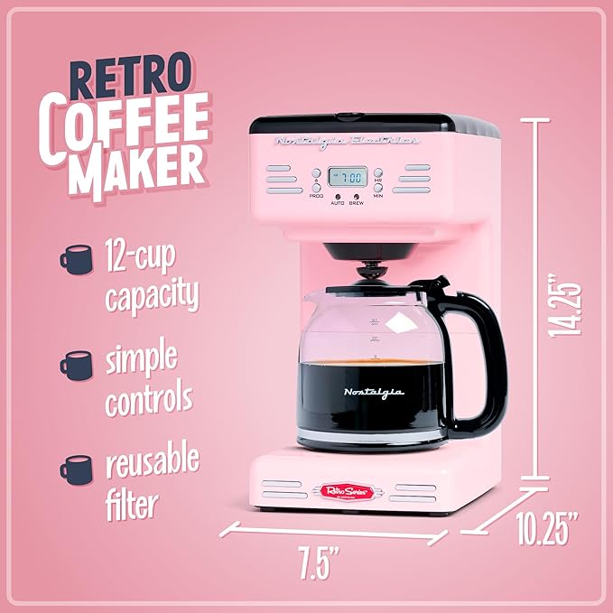 Nostalgia Retro 12-Cup Programmable Coffee Maker With LED Display Automatic Shut-Off &amp Keep Warm Pause-And-Serve Function Pink