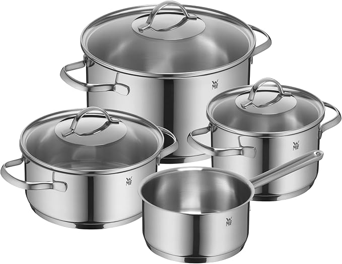 WMF Pot Set 4-Piece Provence Plus Pouring Rim Glass Lid Cromargan® Stainless Steel Polished Suitable for Induction Hobs Dishwasher-Safe Silver 52.7 x 28.8 x 21.8 cm
