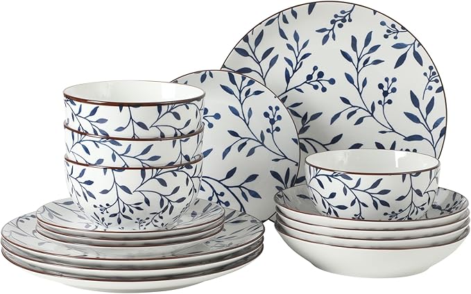 Gibson Home Palace Suite 16-Piece Dinnerware Set Blue Floral Stoneware Plates &amp Bowls Service for 4 Round Durable Everyday Dish Set