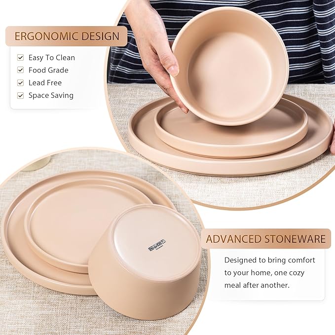 Plates and Bowls Sets for 4 - CJDC-QUELO 16 Piece Stoneware Dinnerware Sets with Mugs Ceramic Dishware Sets for Kitchen Dining Use Chip and Scratch Resistant Microwave Dishwasher Safe Brown