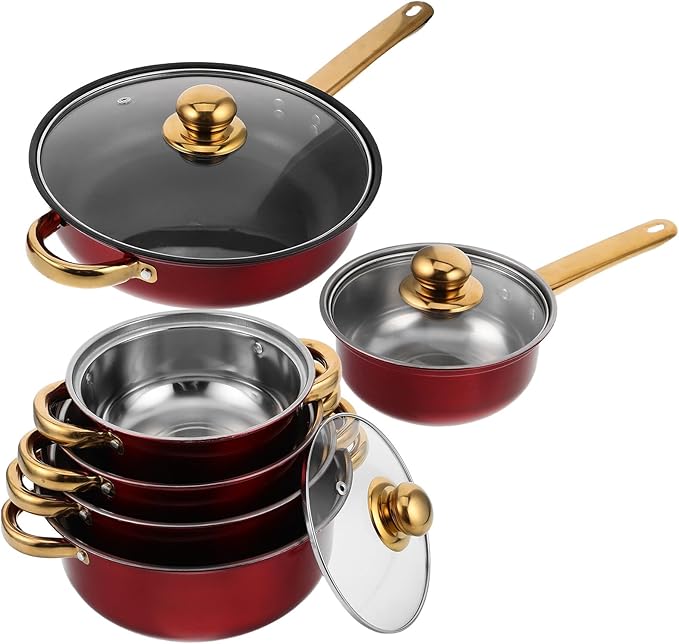Nonstick Stainless Steel Cookware Set with Heat-resistant Gold Handles Versatile Pots and Frying Pans for Healthy Cooking and Easy Cleaning Stylish Kitchen Essential in Wine Red