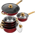 Nonstick Stainless Steel Cookware Set with Heat-resistant Gold Handles Versatile Pots and Frying Pans for Healthy Cooking and Easy Cleaning Stylish Kitchen Essential in Wine Red