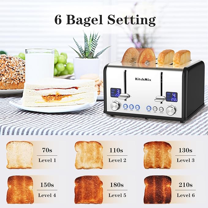 Toaster 4 Slice KitchMix Bagel Stainless Toaster with LCD Timer Extra Wide Slots Dual Screen Removal Crumb Tray (Black)