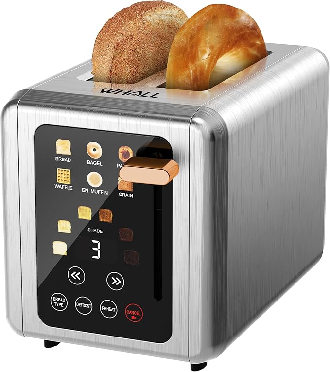 WHALL Touch Screen Toaster 2 Slice Stainless Steel Digital Timer Toaster with Sound Function Smart Extra Wide Slots Toaster with Bagel Cancel Defrost (gold))