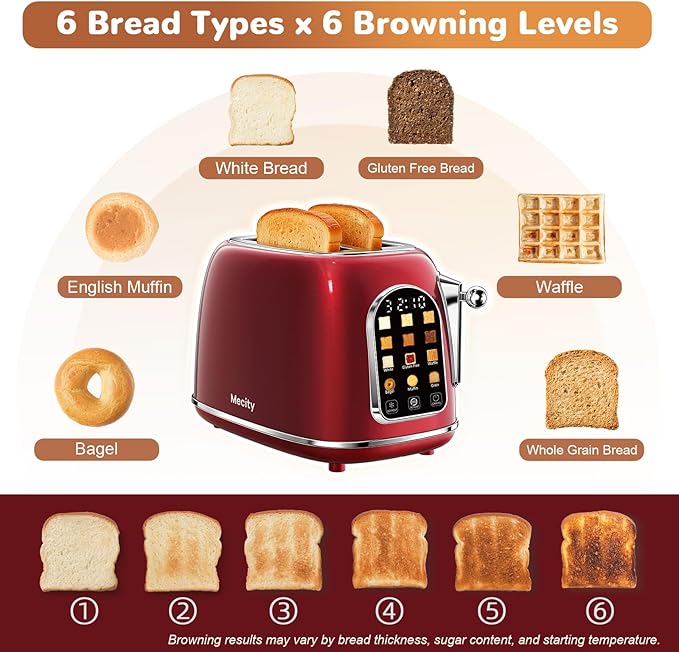 Mecity Toaster 2 Slice Touch Screen Wide Slot Retro Toaster For Breads Bagel Muffin Waffle House Warming Gift New Home 120V 825W Red Pearl