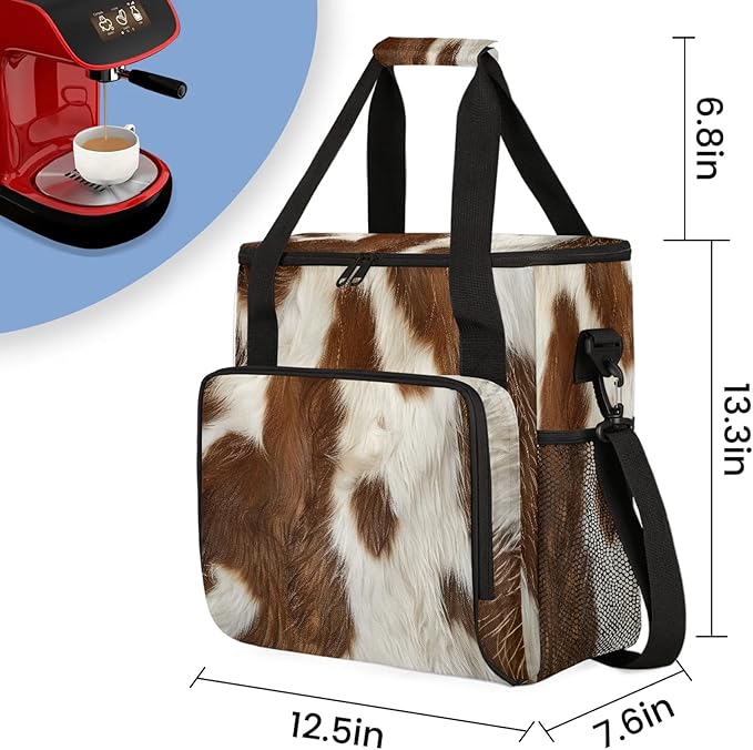 Cow Skin Brown And White Coffee Maker Carring Bag Large Insulated Storage Organizer Case Tote Bags with Shoulder Strap for Travel Work Picnic