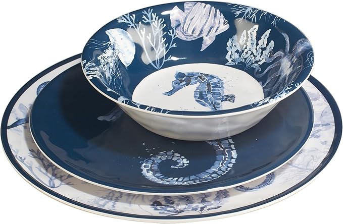 Sea Life 12-Piece Dinnerware Set Service for 4 Blue Navy White Coastal Modern Contemporary Round 12 Piece Dishwasher Safe
