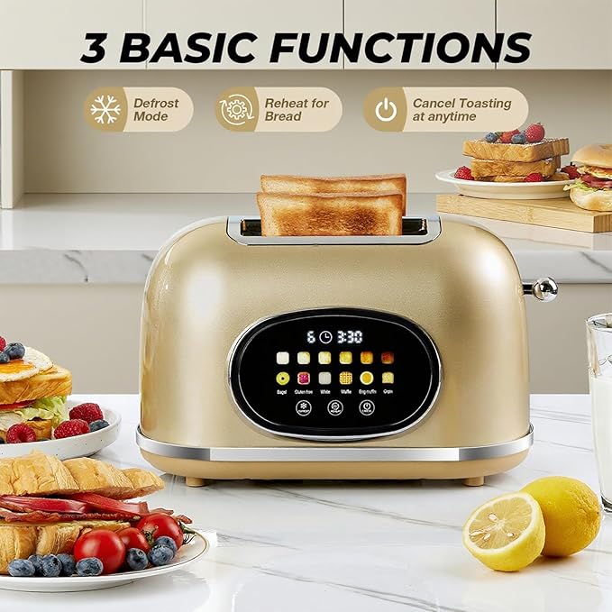 Roter Mond 2 Slice Toaster Smart Touch Screen Retro Stainless Steel Bread Toaster with Digital Timer Sleep Mode Bagel Cancel and Defrost Functions 6 Bread Types and Shade Settings Gold