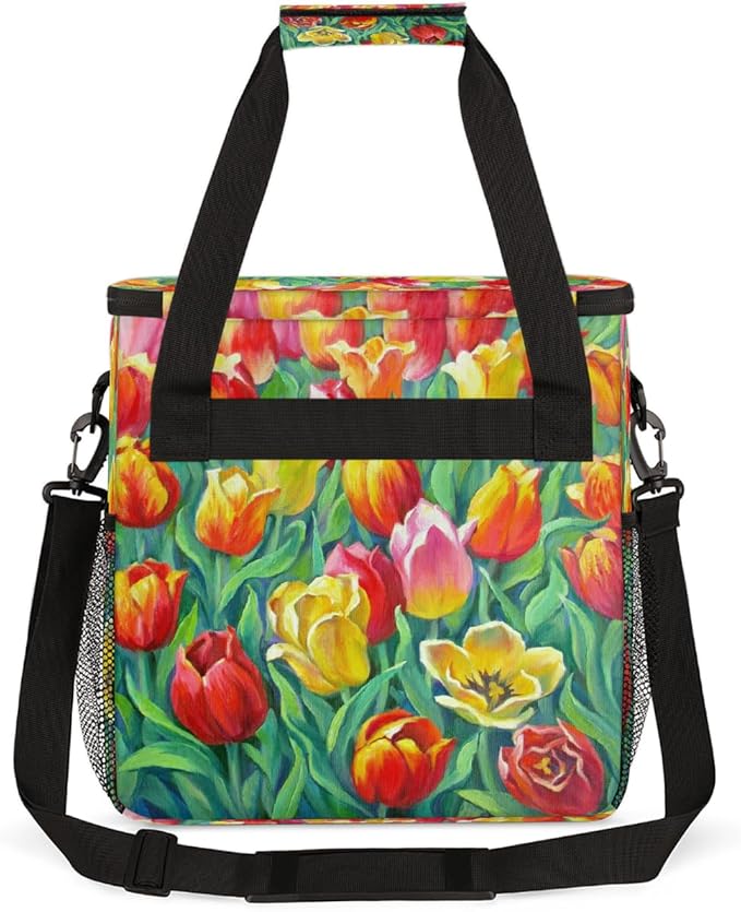 Tulips Flowers Coffee Maker Carring Bag Travel Carrying Storage Tote Bag Compatible with Keurig K-Mini or K-Mini Plus Portable Single Serve Coffee Brewer Case with Pockets for K-cup Pods