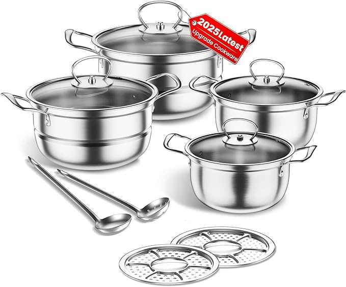 Stainless Steel Cookware Set 12 Piece Pots Set with Steamer and Spoon Kitchen Induction Cookware Set Works with Induction Kitchen Cooking Set with Glassuncoated (Gray silver)