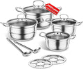 Stainless Steel Cookware Set 12 Piece Pots Set with Steamer and Spoon Kitchen Induction Cookware Set Works with Induction Kitchen Cooking Set with Glassuncoated (Gray silver)