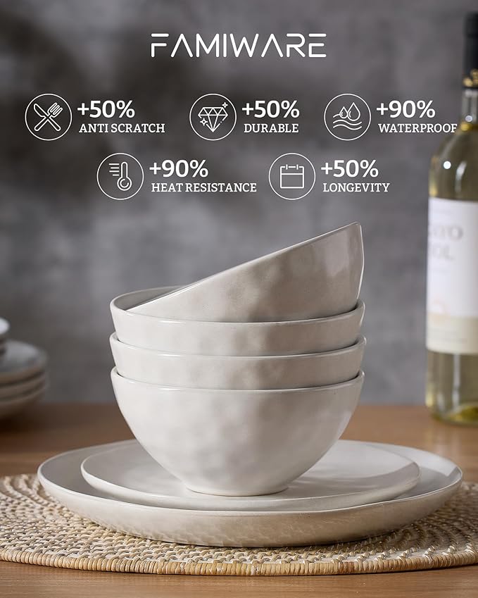 Famiware Dinnerware Sets for 8 Ocean Round 24-Piece Kitchen Plates and Bowls Sets Microwave and Dishwasher Safe Scratch Resistant Matte White