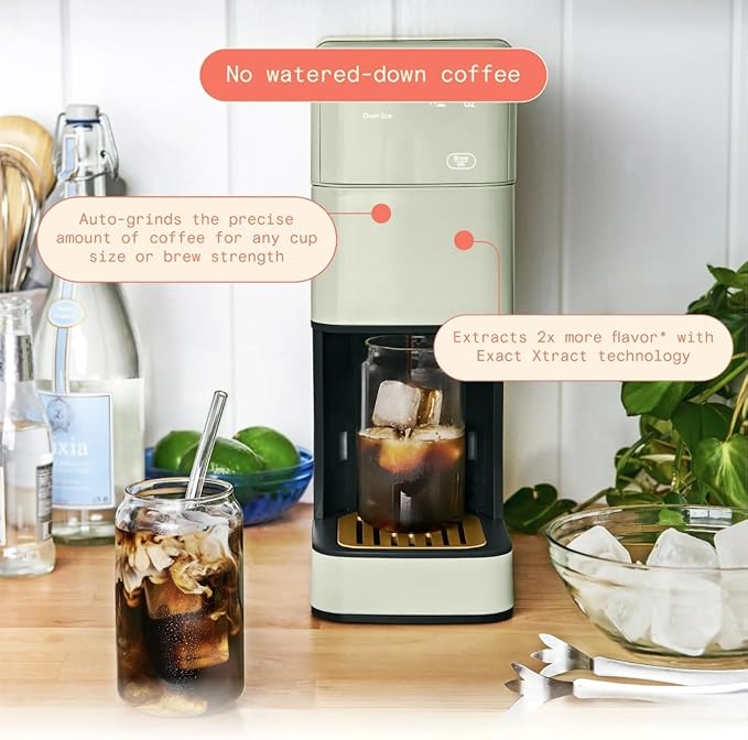 Perfect Grind Single Serve Coffee Maker built-in grinder 6 sizes 3 strengths pod-free reusable filter 64oz reservoir touch display hot &amp iced brew. (Sage Green)