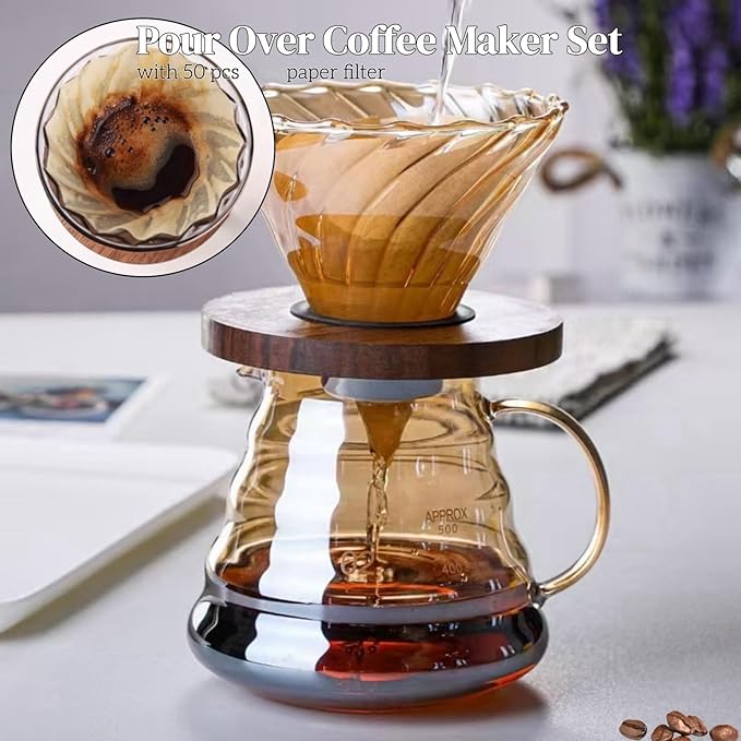 Pour Over Coffee Maker Set 20 oz 600 ml Borosilicate Glass Coffee Server with Glass Lid 50 pcs Paper Filter Walnut Handle Pour Over Coffee Dripper for Home Café Restaurant Gold