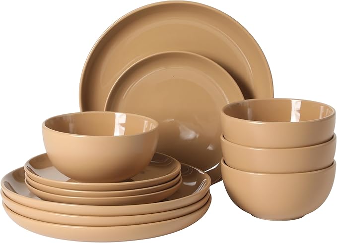 Gibson Home Rockaway 12-Piece Round Stoneware Dinnerware Set Service for 4 – Beige Plates and Bowls Modern Matte Finish Microwave &amp Dishwasher Safe