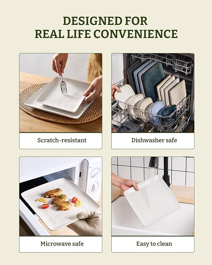 Famiware Dinnerware Sets for 4 Ocean Square 12-Piece Kitchen Plates and Bowls Sets Microwave and Dishwasher Safe Scratch Resistant Matte White