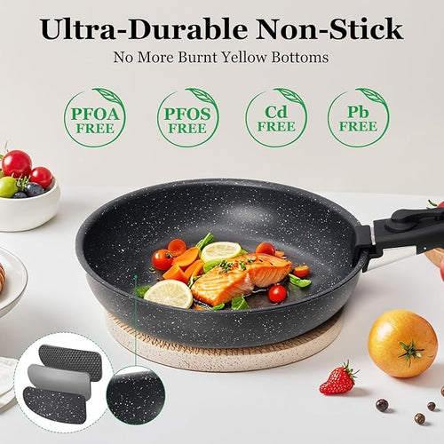12Pcs Pots and Pans Set Nonstick Cookware Sets Kitchen Cooking Set with Spatula and Detachable Handle Black