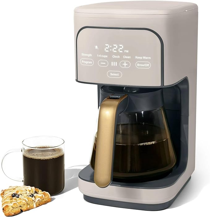 12 Cup Programmable Coffee Maker with Glass Carafe Reusable Filter and Touch Display (Porcini Taupe)