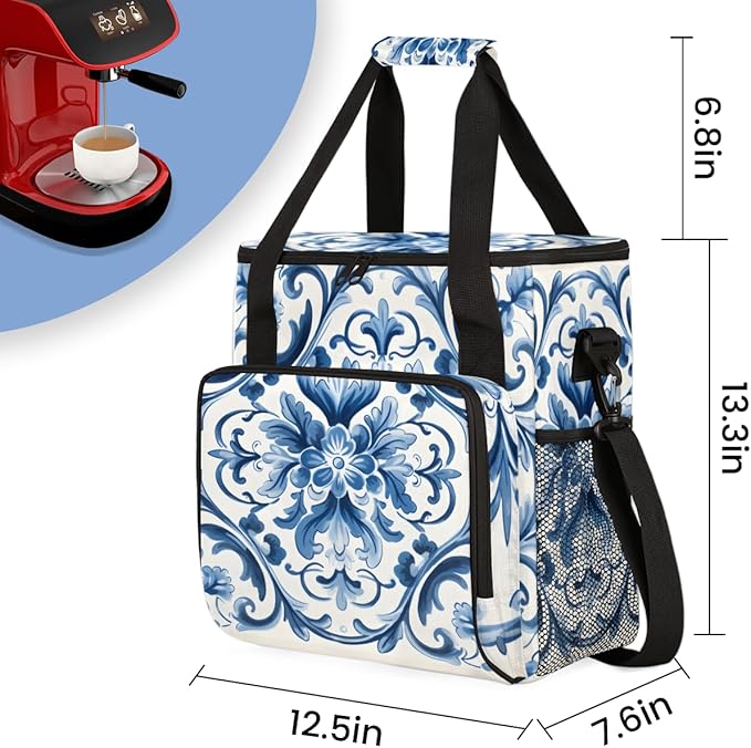 Botanic Flower Coffee Maker Carrying Bag Retro Flower Travel Storage Bag Compatible with K-Mini or K-Mini Plus Single Serve Coffee Brewer Carrying Case with Multiple Pockets &amp Shoulder Strap