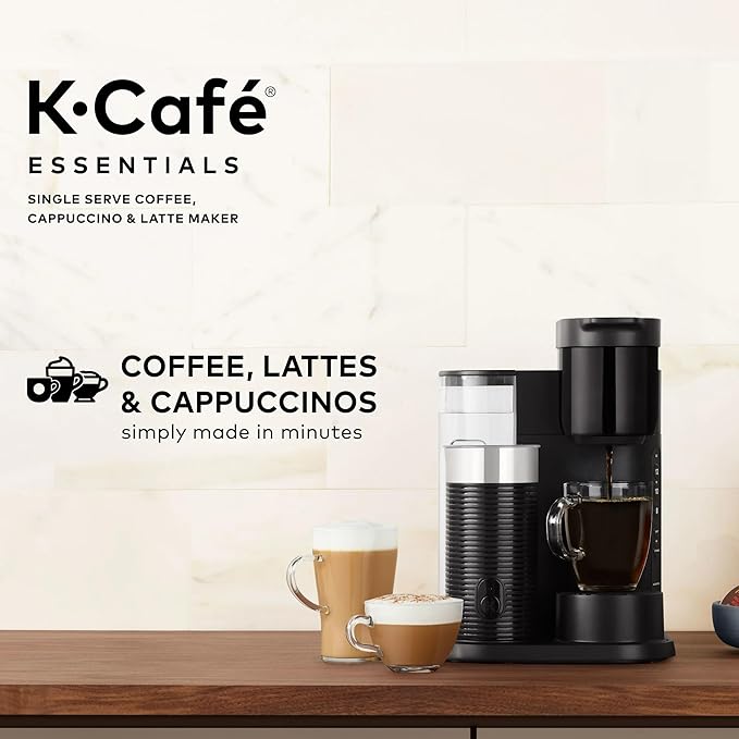 Single Serve Coffee Maker Built-In Milk Frother Latte &amp Cappuccino Brewer Espresso Shot 3 Brew Sizes 42 oz Water Reservoir Travel Mug Friendly Auto-Off Black Compact Design