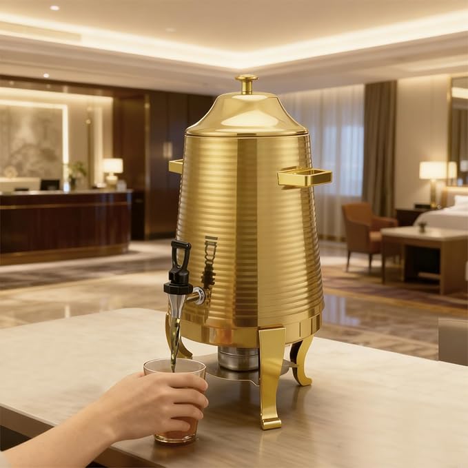 Coffee Urn With Fuel Holder 3.43 Gallon/13L Stainless Steel Beverage Dispensers for Coffee Tea Milk Juice Water Hot Drink Dispenser with Stand Chafer Urn with Spigot for Parties Catering (Gold)