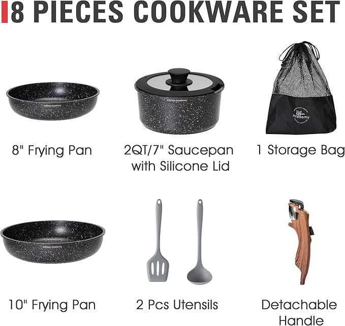 Kitchen Academy 30Pcs Bakeware &amp Cookware Set + 10Pcs Rv Pots and Pans Set with Removable Handle Cookware Sets