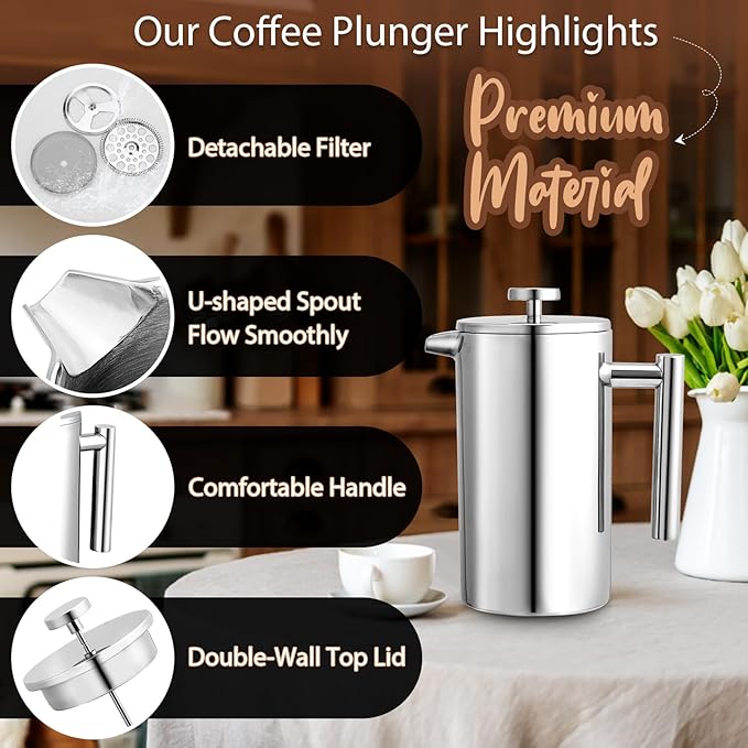 34oz French Press Coffee Maker 1000ml Stainless Steel Double Insulated Cafetiere 8 Cup Espresso Coffee Press Portable Coffee Plunger Pot for Home Office Camping