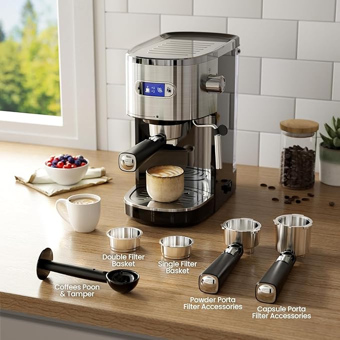 20 Bar Espresso Machine Stainless Steel Coffee Maker with LCD Display &amp Steam Wand 45oz Water Tank Dual Brewing for Espresso Cappuccino Latte - Home &amp Office Use Black