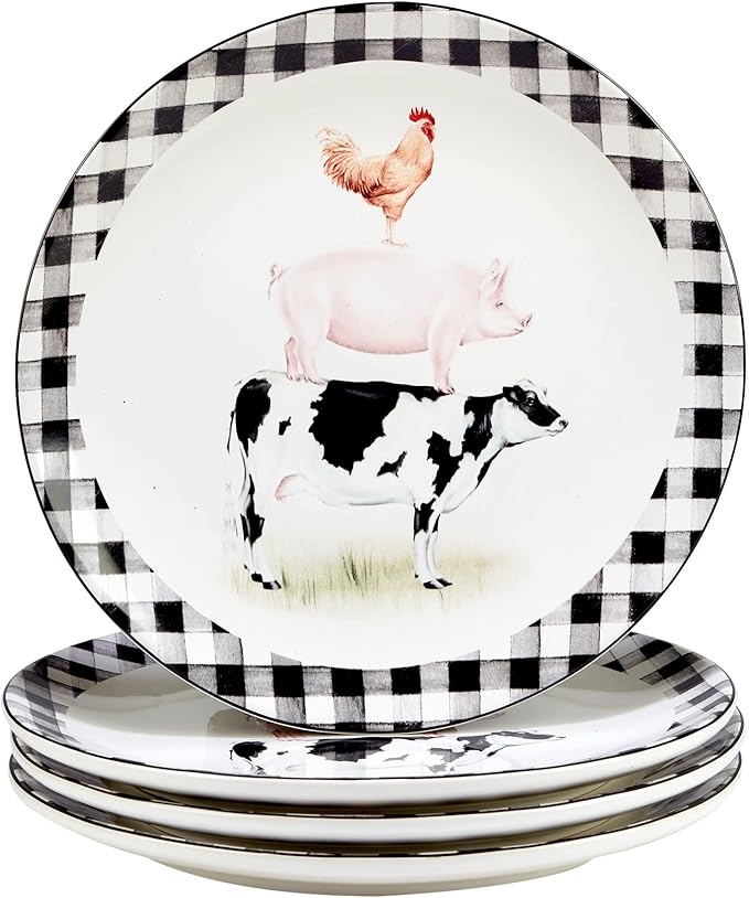 On the Farm 16-Piece Dinnerware Set – Country Farmhouse Plates Bowls &amp Mugs for 4 – Ceramic Dinnerware Featuring Cow Pig Rooster Duck &amp Gingham Design – Rustic Kitchen Tableware