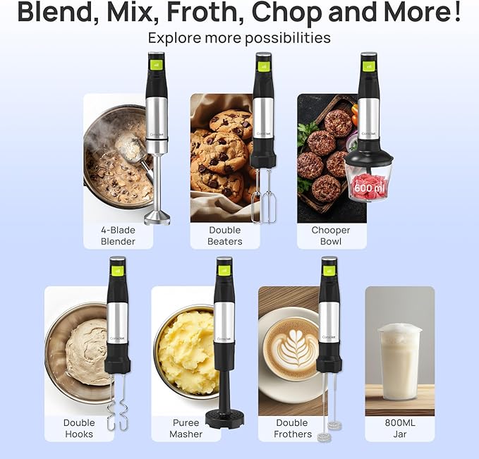 Consciot 7-in-1 Immersion Blender Handheld Max 1100W Stick Emulsifier with Entire Stainless Steel Blender Shaft Trigger Speed Control 800ml Beaker 600ml Chopper Beaters Frothers Hooks &amp Mas