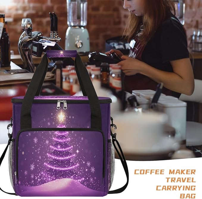 Christmas Glowing Christmas Tree Snowflakes Coffee Maker Carring Bag Travel Carrying Storage Tote Bag Compatible with Keurig K-Mini or K-Mini Plus Portable Single Serve Coffee Brewer Case with Pockets