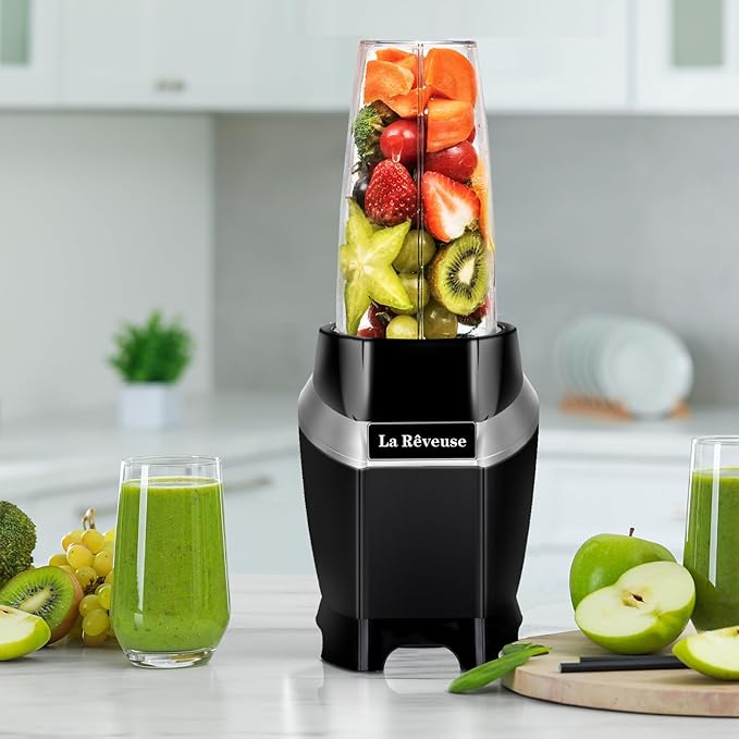La Reveuse Personal Blender for Shakes and Smoothies 1000 Watts with 24 oz BPA-Free Portable Travel BottleDishwasher Safe (Black)