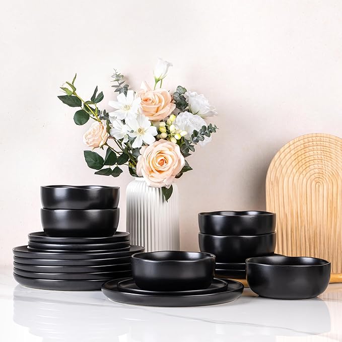 AmorArc Ceramic Dinnerware Sets Wavy Rim Stoneware Plates and Bowls SetsDishwasher &amp Microwave &amp Oven Safe Dishes set Service for 4 (12pc)-Matte Black