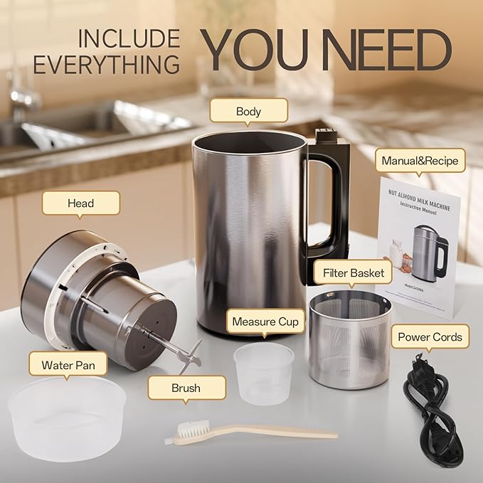 304 Stainless Steel Almond Milk Maker Machine (Built-in Filter) 50oz 6-7 Cups Per Batch 8-IN-1 Cooking Blender Make Plant Based Nut Milk Soy Oat Milk Soup &amp Juice Automatic Cleaning (Silvery)