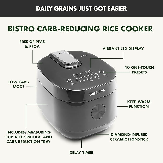 GreenPan Carb Reducing Electric Rice Cooker 4 Cups Uncooked/8 Cooked Rice 10 Presets LED Display Healthier Meals Delay Timer PFAS-Free Ceramic Nonstick Removable Bowl Cool Touch Steam Graphit