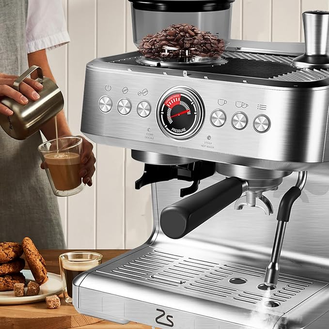 GlowSol Espresso Machine with Bean Grinder Semi Automatic Espresso Machine 20-Bar Espresso Maker with Milk Frother Steam Wand 2.8L Water Tank Home Espresso Coffee Maker for Latte Cappuccino