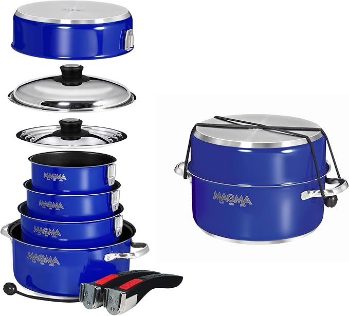 Magma 10 Piece Gourmet Nesting Stainless Steel Cookware Set with Ceramica Non-Stick Induction Compatible Oven Safe to 500°F - Suitable for All Stovetops Removable Handles Cobalt Blue