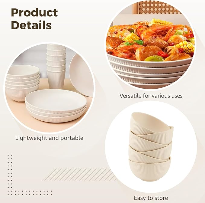 18 Pcs Dinnerware Set from Wheat Straw Vertical Ribbed Design Microwave and Dishwasher Safe Unbreakable Dinner Plates Bowls &amp Cups for Family Use