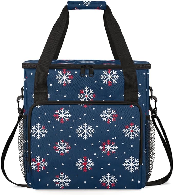 Christmas Snowflakes Coffee Maker Carrying Bag Modern Snowflakes Travel Storage Bag Compatible with K-Mini or K-Mini Plus Single Serve Coffee Brewer Carrying Case with Pockets &amp Shoulder Strap