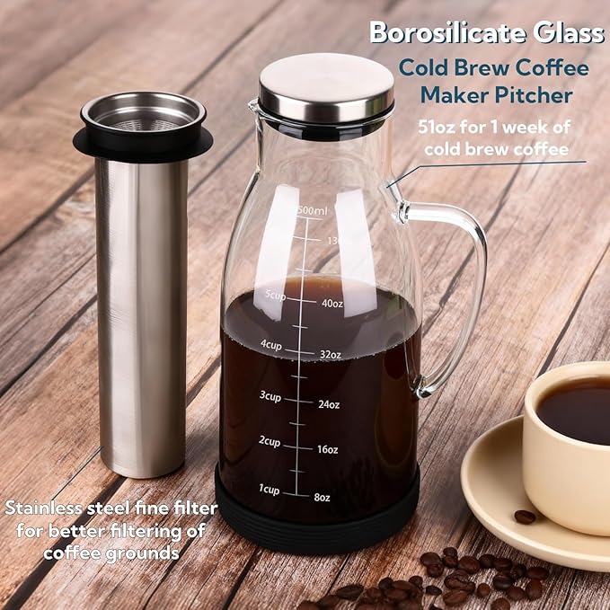 Airtight Cold Brew Coffee Maker Pitcher 51oz Glass Iced Coffee Maker Pitcher with Removable Stainless Steel Filter and Non-Slip Base 1.5L Iced Tea Maker