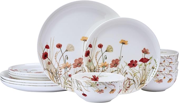 Mikasa Meadow Serenade 12 Piece Floral Bone China Durable Chip Resistant Lightweight Dinnerware Set Service for 4