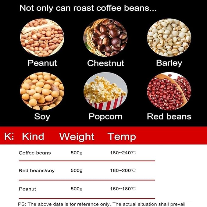 Coffee Roaster 1200W Grain Food Burning Machine 0-240℃ Temperature Adjustable And 0-60 Min Adjustable Coffee Maker For Coffee Raw Beans Peanuts Cereals Herbal Baking