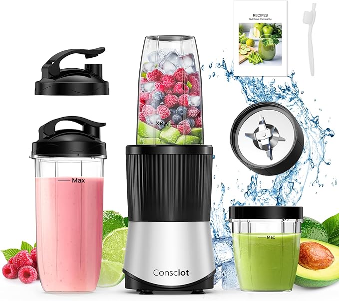 Consciot CB08 11-Piece Blender for Kitchen and Personal Size Blend Shakes and Smoothies Frozen Drinks Baby Food Spreads &amp More 3 Portable To-Go Cups &amp 2 Spout Lids &amp 1 Solid Lid 900